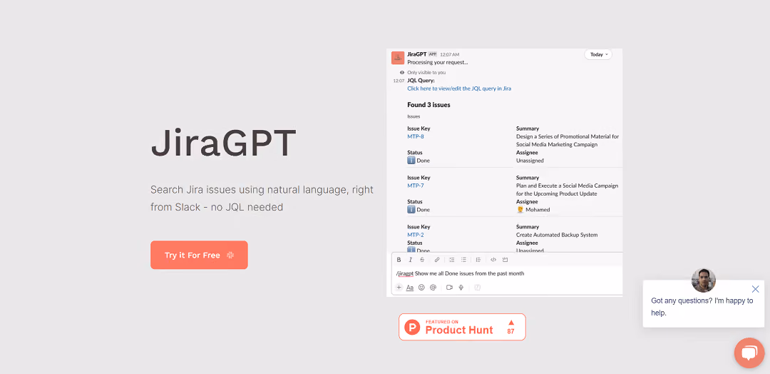 JiraGPT, an AI tool, simplifies Jira issue searching in Slack by utilizing natural language, bypassing the need for Jira Query Language (JQL). To begin, users register for a JiraGPT account, integrate the app into Slack, and connect their Jira account for seamless use.