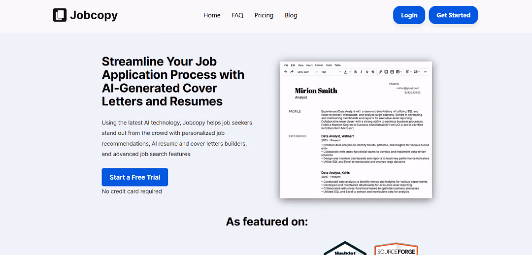 Jobcopy is an AI-powered web application designed to assist job seekers in creating professional resumes, cover letters, and personalized interview Q&A content.