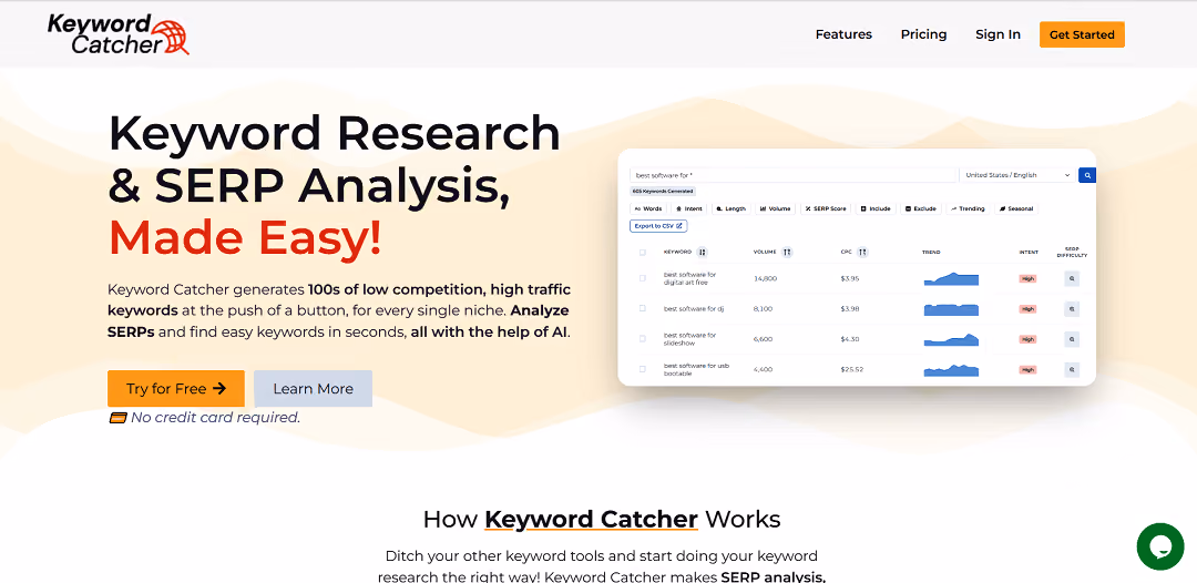 Meet Keyword Catcher, the AI-powered tool for effortless keyword research. It generates a vast array of long-tail, high-traffic keywords with low competition, covering various niches at the push of a button.