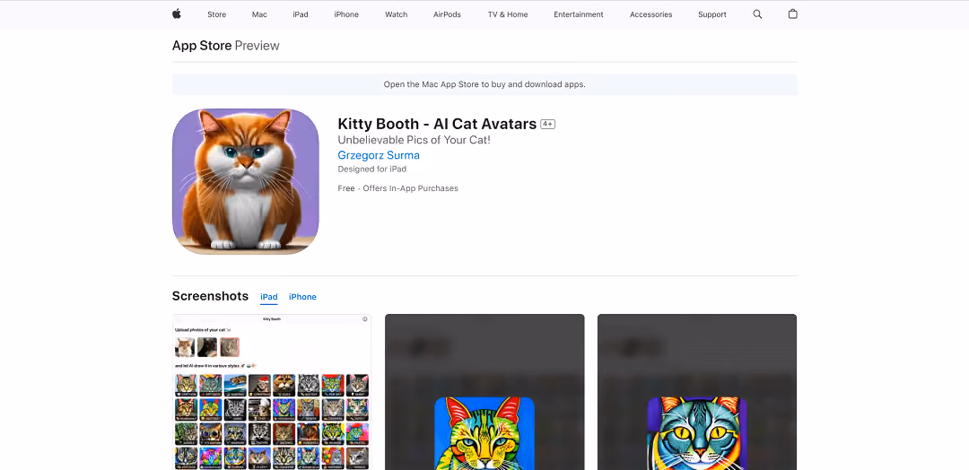 Kitty Booth - AI Cat Avatars is a mobile app, available on the App Store, that harnesses artificial intelligence to craft personalized virtual cat avatars. Users can read reviews, compare ratings, and download the app for their iOS devices, like iPhones and iPads.