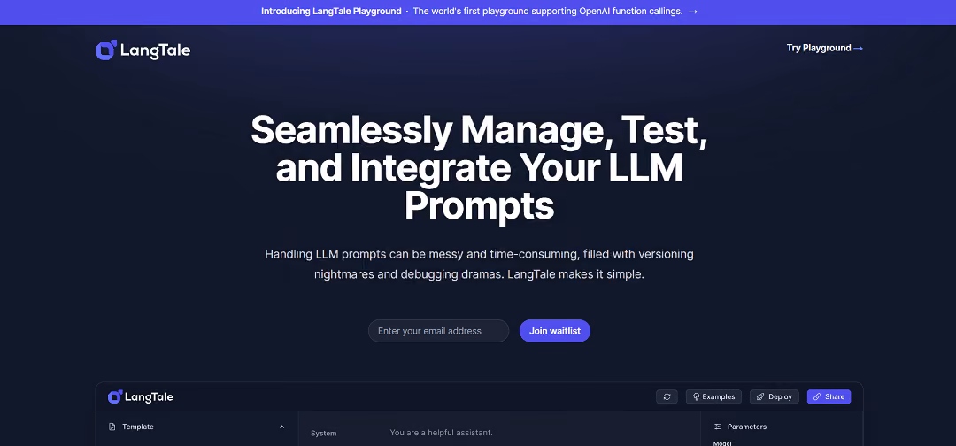 LangTale is a platform designed to simplify the management of prompts for Large Language Models (LLMs), promoting better collaboration among teams and deeper AI understanding.