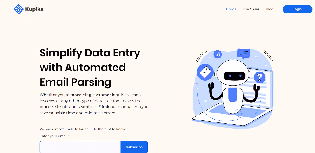 Kupiks is an AI tool designed to streamline data entry by automatically extracting information from emails, catering to businesses and individuals handling various data types like leads, inquiries, and invoices.
