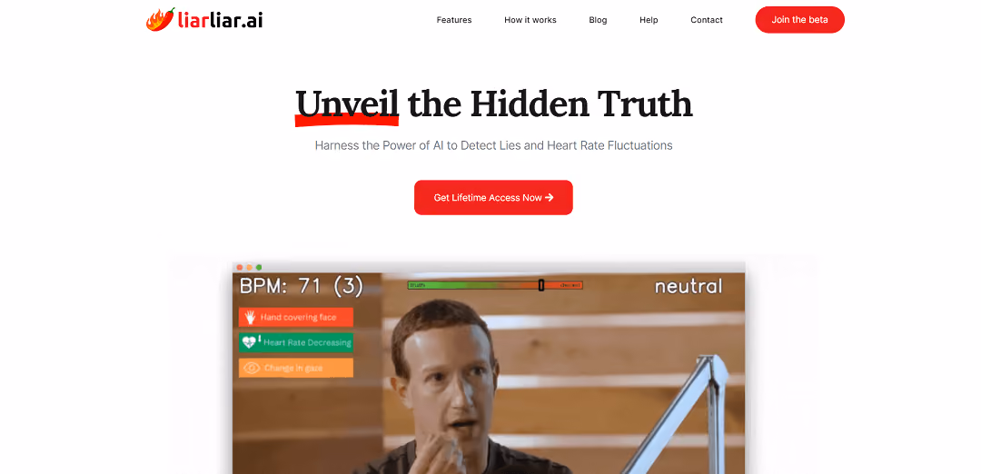 LiarLiar.AI is an advanced AI tool employing cutting-edge technology to accurately detect lies and heart rate fluctuations by analyzing subtle micro movements, heart rate variations, and intricate body language cues.