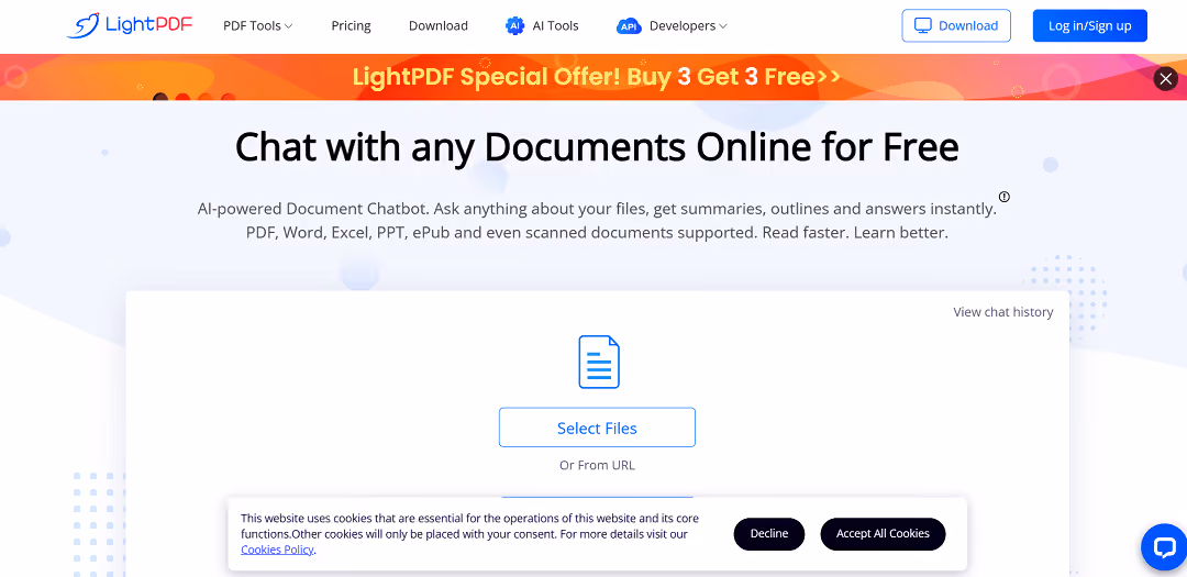 LightPDF AI for Docs is a user-friendly online tool that utilizes artificial intelligence to summarize and extract insights from various document formats such as PDF, Word, Excel, and PPT.