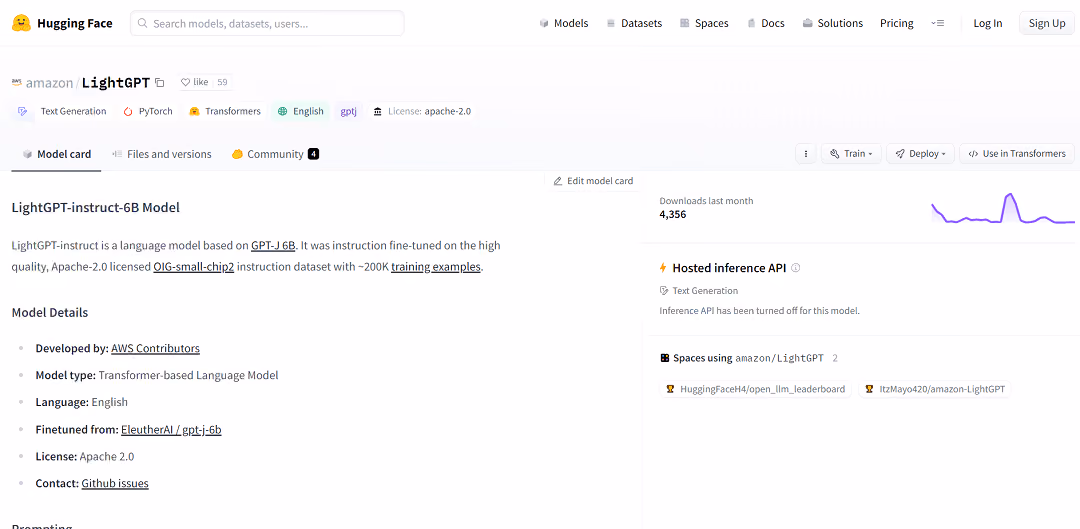 LightGPT-instruct-6B is an AI language model created by AWS Contributors, building upon GPT-J 6B.