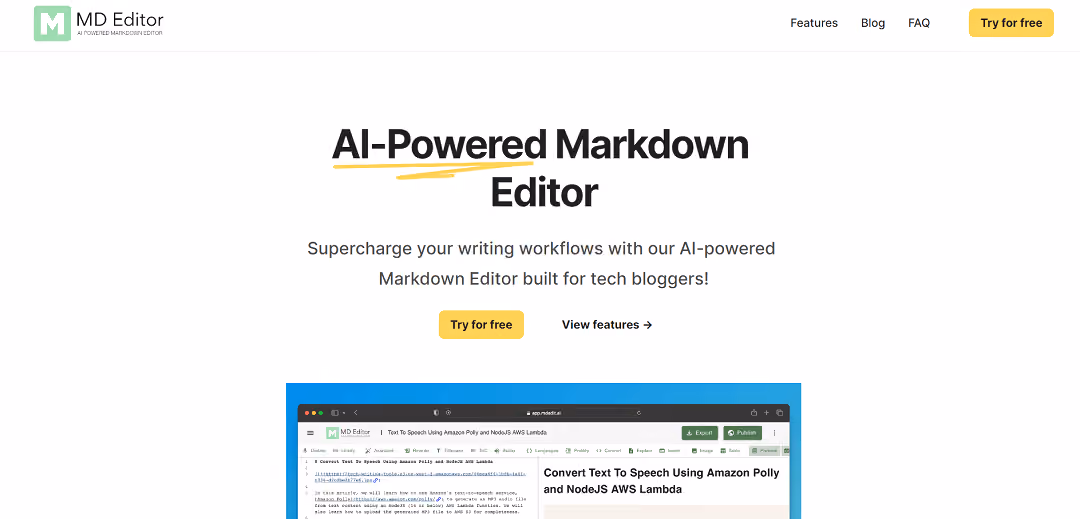 MD Editor is an innovative markdown editor built for tech writers, utilizing AI to enhance writing and streamline workflows. It offers smart features tailored for technical writing, including intelligent suggestions, formatting aid, and code highlighting.
