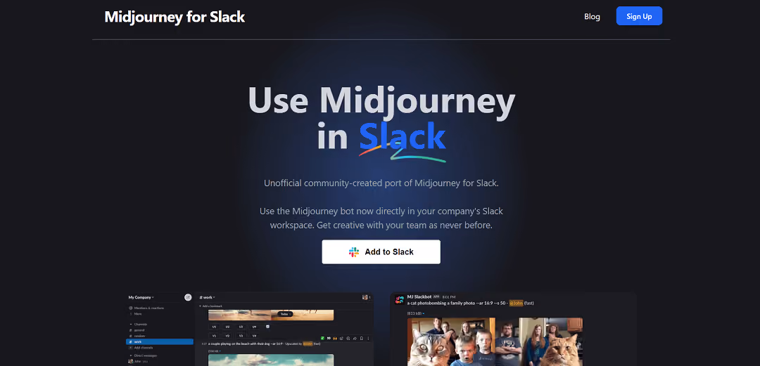 Midjourney for Slack is a community-built adaptation of the Midjourney AI image creation tool, tailored for Slack workspaces. This integration brings the power of Midjourney directly into Slack, enabling teams to collaborate seamlessly in crafting images in real-time without switching between apps.