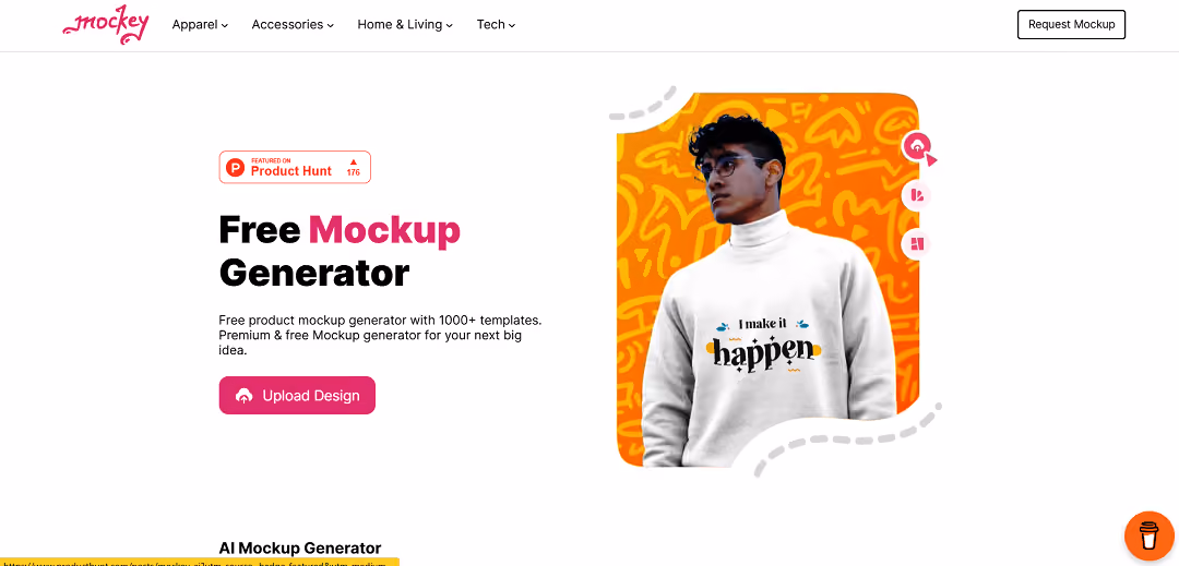 Mockey is a free AI tool that simplifies the creation of professional product mockups online. With over 1000 templates for items like apparel, accessories, and home goods, users can easily design mockups by uploading their PNG or JPG designs and customizing them using the mockup editor.