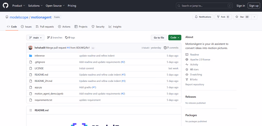 MotionAgent, available on GitHub, is an AI-powered tool that simplifies the conversion of creative ideas into dynamic motion pictures. Designed to streamline the creative process, it leverages artificial intelligence to interpret user inputs and generate relevant motion picture sequences.