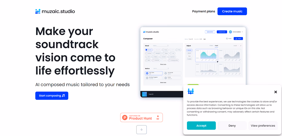 Muzaic Studio is an innovative AI-powered tool that offers a hassle-free way for users to create high-quality soundtracks for their videos. By uploading their videos, users can customize various elements like intensity, tempo, tone, and rhythm to craft the perfect soundtrack, which they can listen to within a minute.