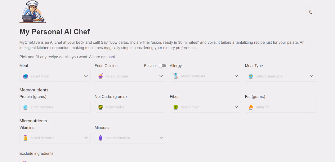 MyChef.live is an online platform that generates personalized meal recipes