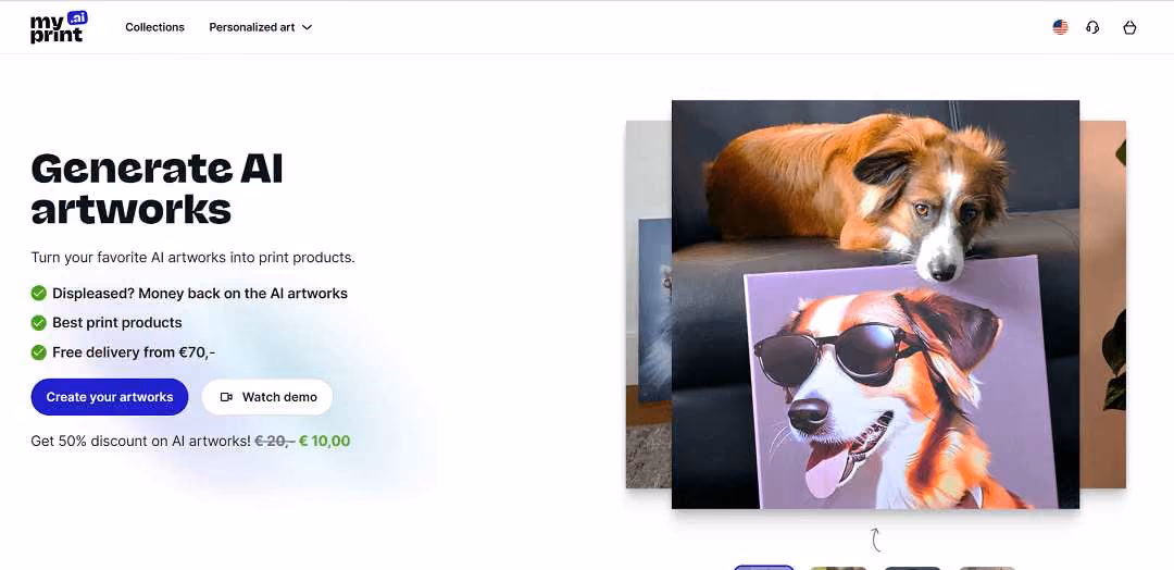 MyPrint.ai is an AI tool that crafts unique artwork from user photos. It analyzes over 10 images and generates 100+ art options across themes like Masculine, Feminine, Dog, Cat, Horse, etc.
