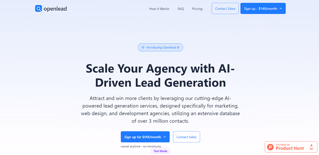 Openlead is a lead generation service that utilizes AI technology to assist marketing, web design, and development agencies in achieving business growth and success.