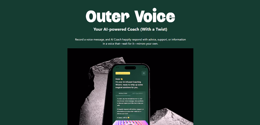 Outer Voice AI, a mobile app, functions as a personalized coach powered by AI technology, offering users advice, support, and information. It allows users to record voice messages, and receive responses that mimic their own voice, creating a unique and engaging user experience.