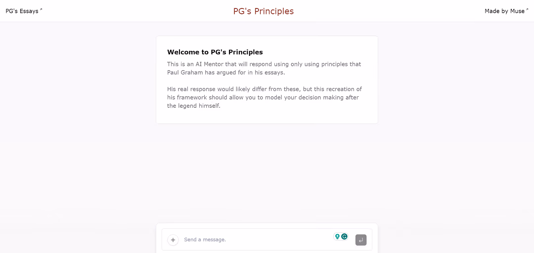 PG's Principles, an AI tool developed by Muse, acts as a virtual mentor, offering users the chance to engage in discussions and receive responses based on the principles outlined by renowned entrepreneur Paul Graham.