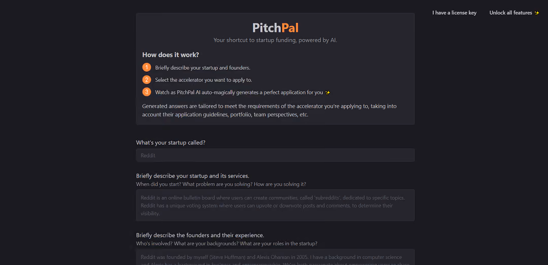 PitchPal is an AI-powered tool designed to streamline funding applications for startups from accelerators.