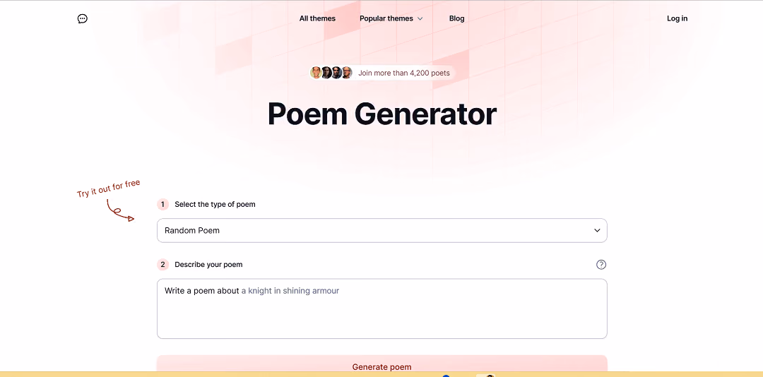 The AI Poem Generator is an online tool that employs artificial intelligence to create poems. With over 15 poem types available, like Limerick, Villanelle, and Haiku, users can select a style and describe their theme.