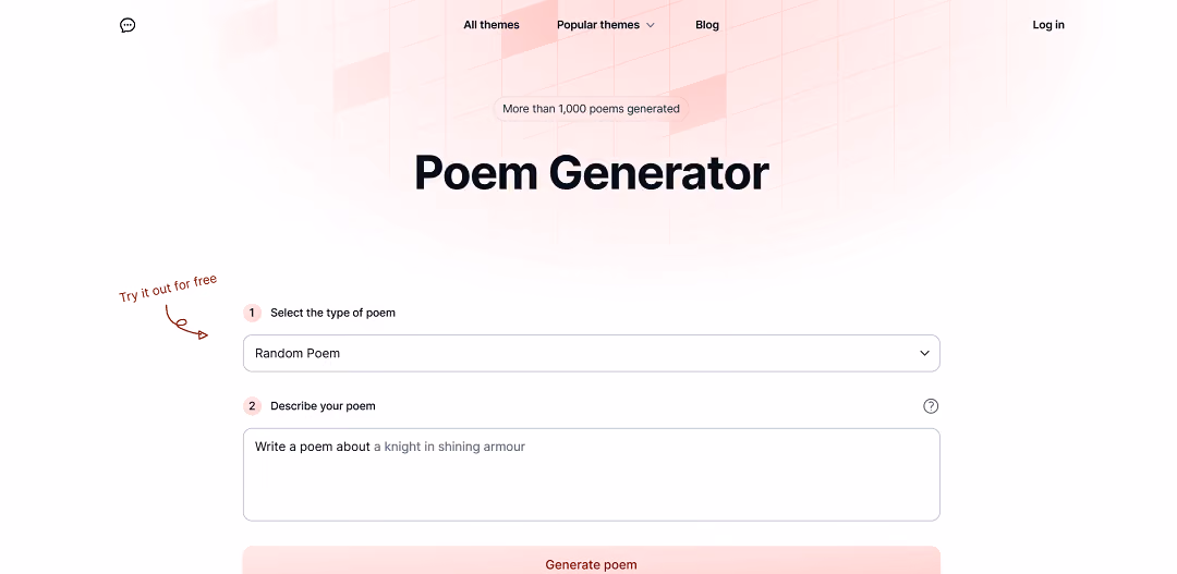 The AI Poem Generator is an online tool that uses artificial intelligence to instantly create poems.