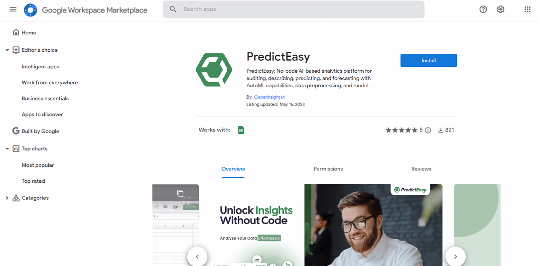 PredictEasy is an AI-powered analytics platform available on the Google Workspace Marketplace.