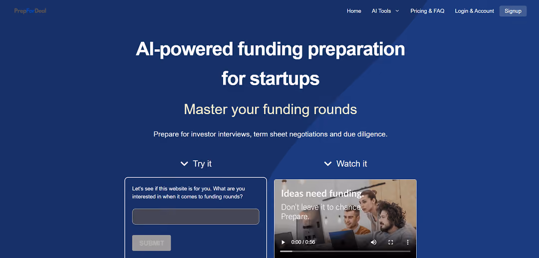 PrepForDeal is an AI-powered tool designed to support startups during their funding rounds. It assists founders in crucial stages like investor interviews, term sheet negotiations, and due diligence.