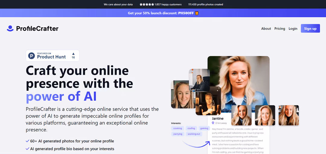 Profile Crafter is an innovative AI-powered service that creates standout online profiles for various platforms. Users upload eight photos and share interests to receive AI-generated profile photos and compelling bios for platforms like LinkedIn, Instagram, Twitter, and Tinder.