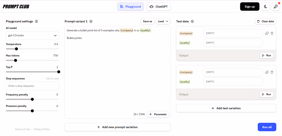 Prompt Club is a free and powerful tool for developers and prompt engineers to test and utilize OpenAI prompts.
