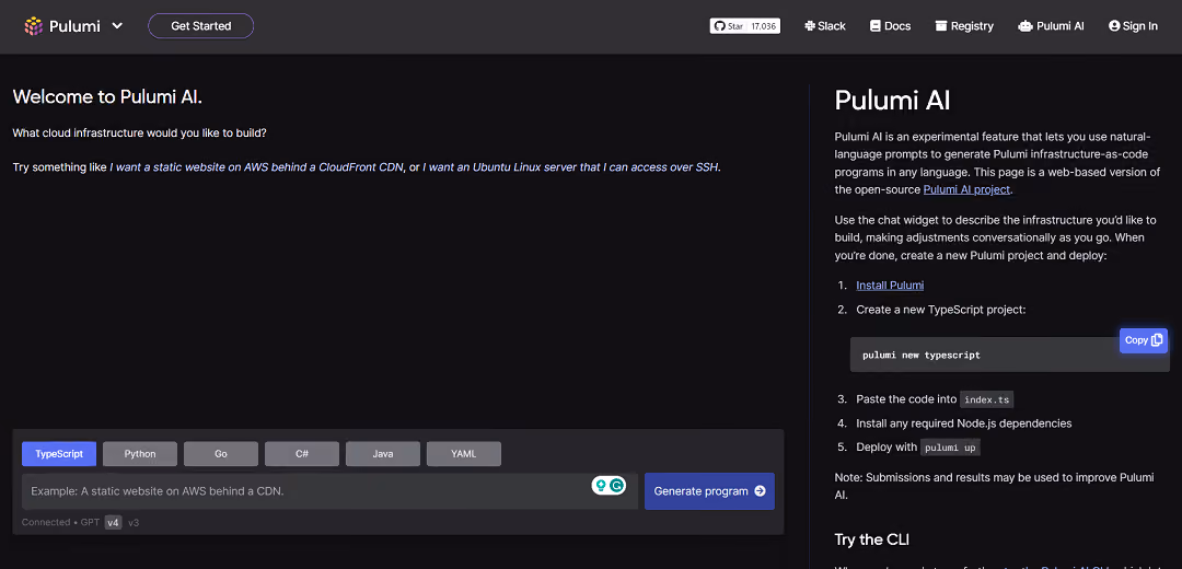 Pulumi AI is an innovative feature that generates infrastructure-as-code programs for Pulumi using natural language prompts in various programming languages.