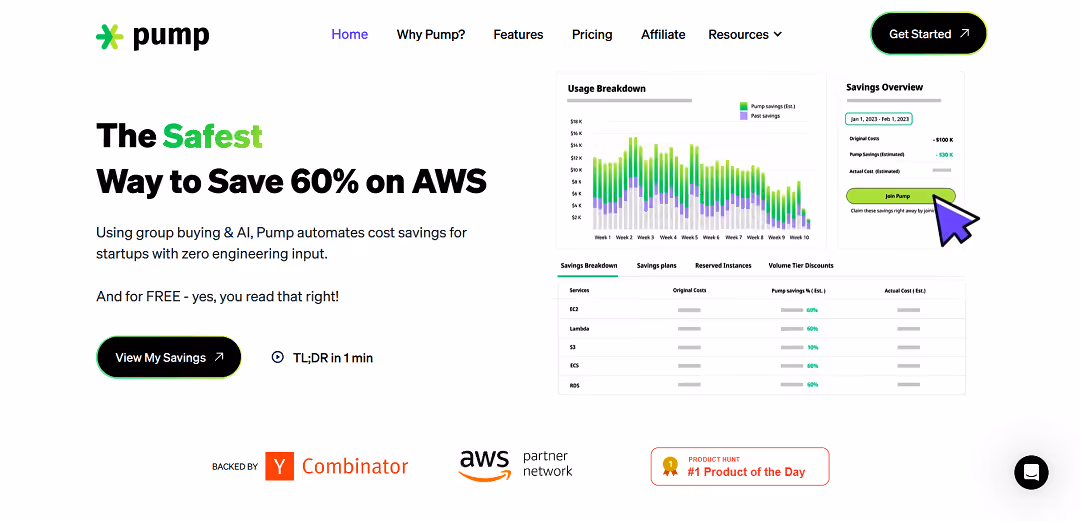Pump is an AI-powered tool designed for optimizing Amazon Web Services (AWS) costs effortlessly. It automatically fine-tunes AWS bills by leveraging group discounts and algorithmic arbitrage, resulting in potential savings of up to 60%.