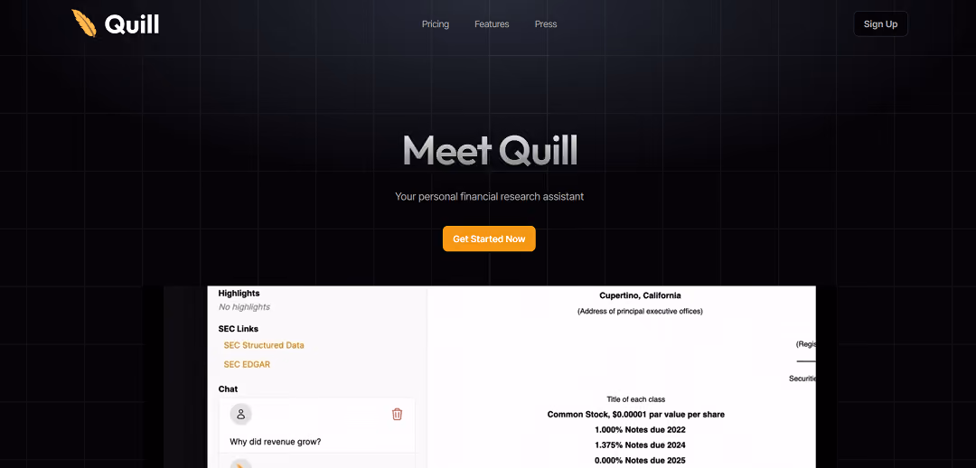 Quill AI serves as a personalized financial research assistant powered by AI, tailored to boost productivity for investors. This intelligent tool streamlines the often time-consuming processes of financial research.