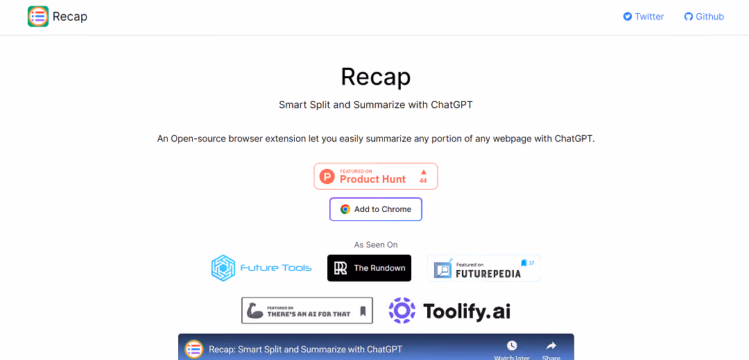 Recap, a user-friendly open-source browser extension, empowers individuals to effortlessly distill web content with the assistance of ChatGPT. Leveraging advanced deep learning models, Recap intelligently segments and summarizes web information, crafting concise and informative summaries for its users.