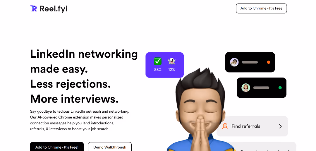 Reel.fyi, an AI-driven Chrome extension, revolutionizes LinkedIn outreach for job seekers. It crafts personalized connection messages to heighten the chances of securing intros, referrals, and interviews, thereby turbocharging job searches.