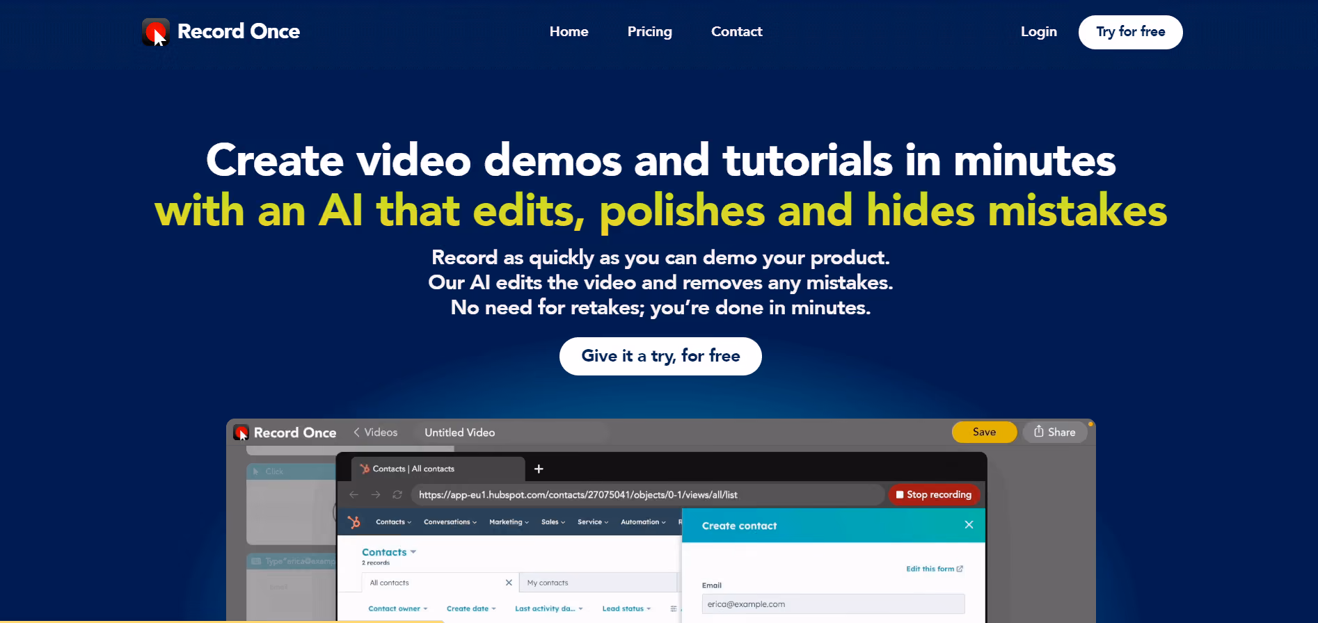 Record Once is an AI-powered tool that simplifies the creation of video tutorials and demos for SaaS products. With this user-friendly tool, there's no need for multiple retakes or laborious editing; its AI technology understands your application and effortlessly polishes recorded videos, erasing errors.