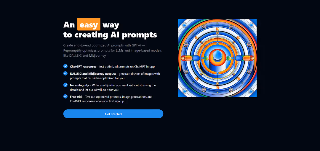 Repromptify is an intuitive AI tool that simplifies prompt creation for various AI models like ChatGPT, DALLE•2, and Midjourney, leveraging the power of GPT-4.