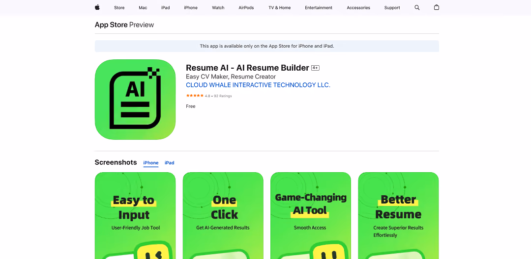 Resume AI is an AI-powered app on the App Store that helps users create customized and professional resumes.