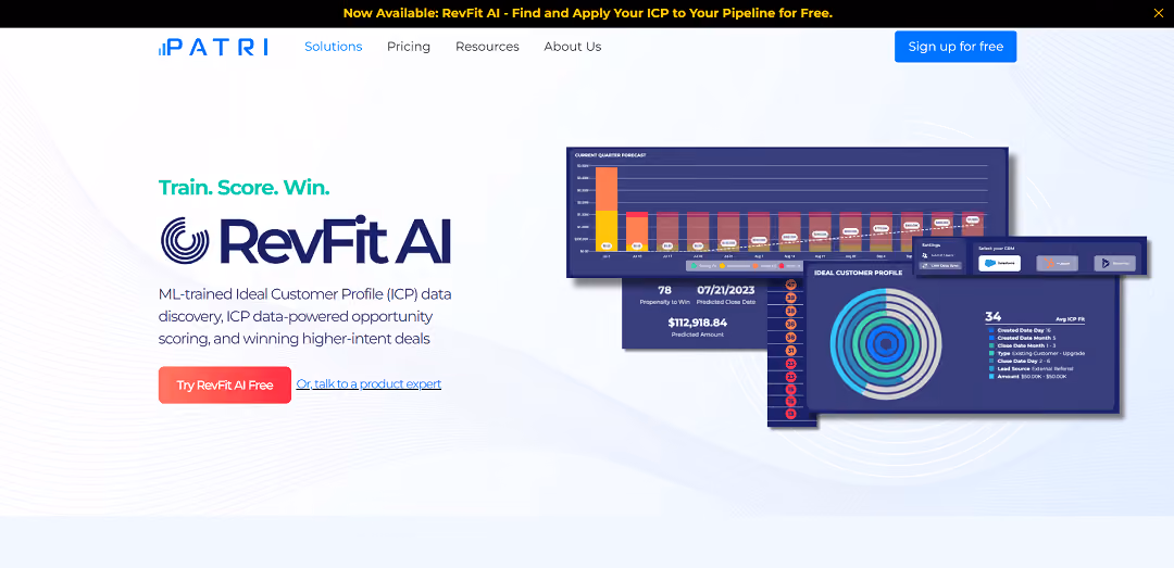 RevFit AI is an AI-driven sales platform that employs machine learning to enhance Ideal Customer Profiles (ICPs). Users can prioritize deals, track pipeline health, and refine forecasts for smarter wins.