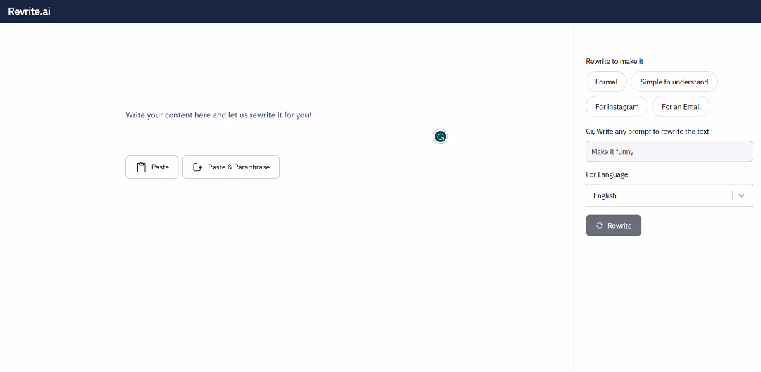 Revrite.ai is an AI-based online paraphrasing tool that enhances text readability, simplicity, and fluency.