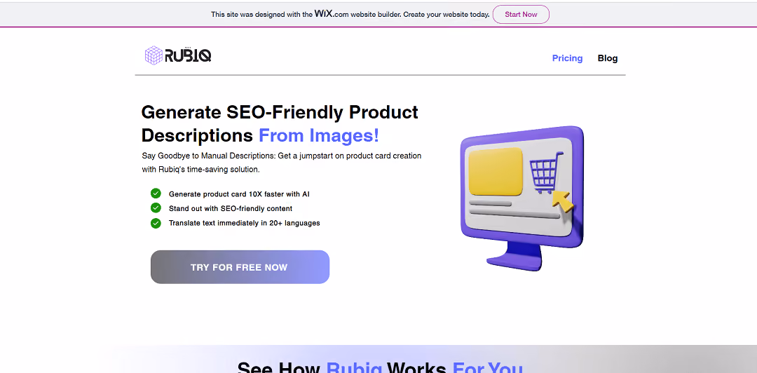 Rubiq's Product Description Generator is an AI-powered tool that swiftly generates captivating and SEO-friendly product descriptions from images.