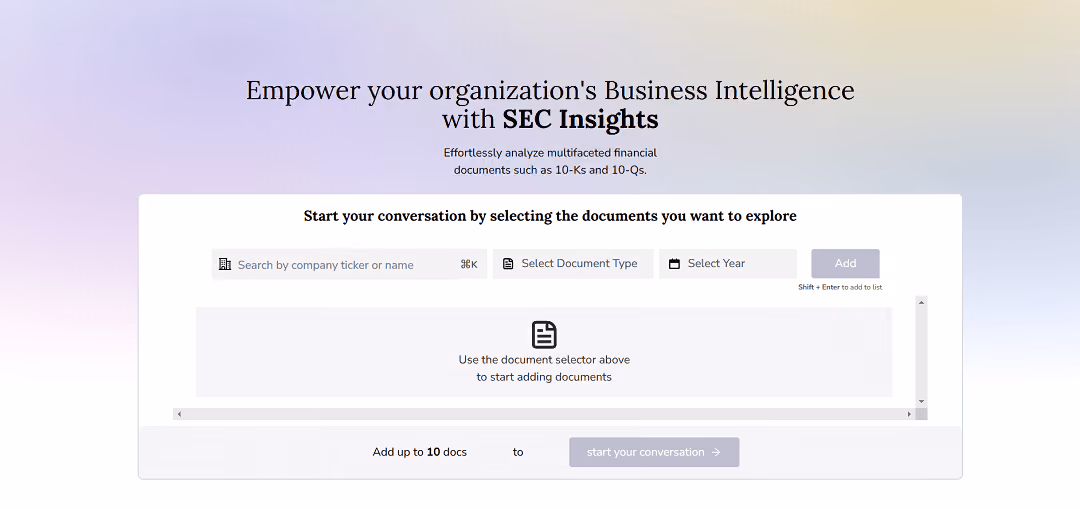 SEC Insights is an AI tool that simplifies the analysis of complex financial documents like 10-Ks and 10-Qs, enhancing Business Intelligence. Users can effortlessly explore and analyze selected documents, with the ability to add up to 10 at once.