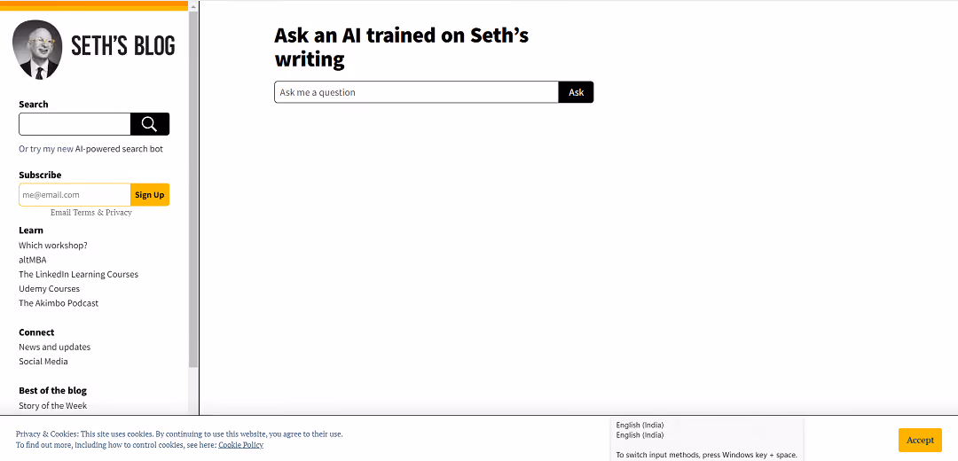 Discover the Ask an AI trained on Seth's writing" tool on Seth Godin's blog, which allows users to ask questions and receive AI-generated responses tailored to Seth's writing style.