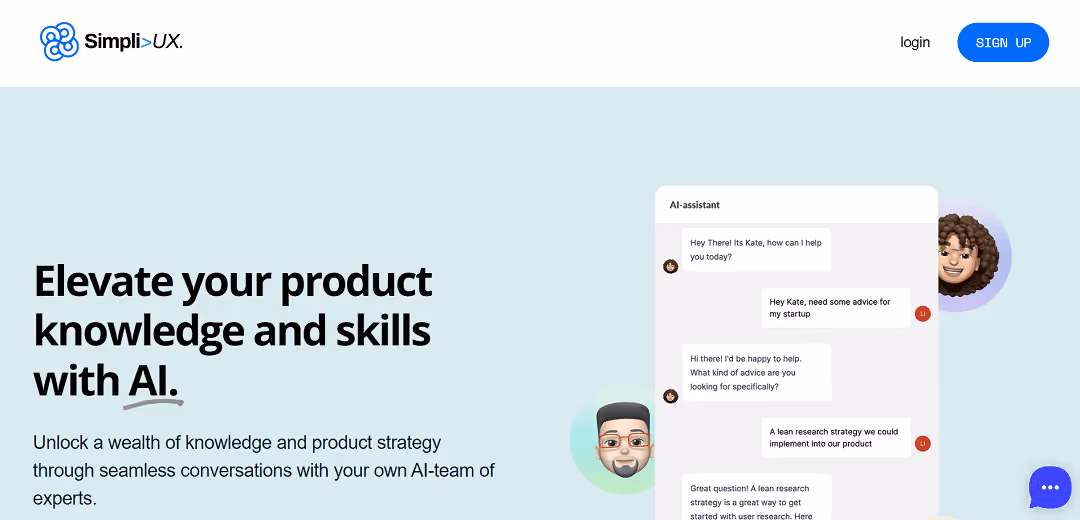 Simpli UX is an AI-driven tool designed to help users improve their ideas through interactive chatbots powered by ChatGPT4. These chatbots take on various roles like a digital marketer, salesperson, student, and creative designer, offering specialized feedback in their respective areas.
