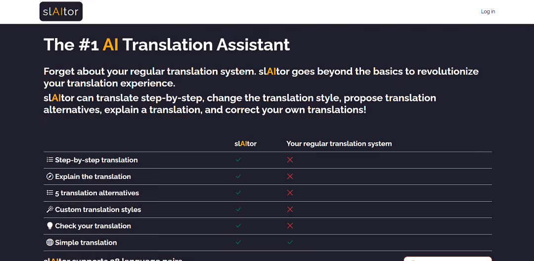 slAItor is an advanced AI translation tool that not only translates text but also offers explanations and error corrections.