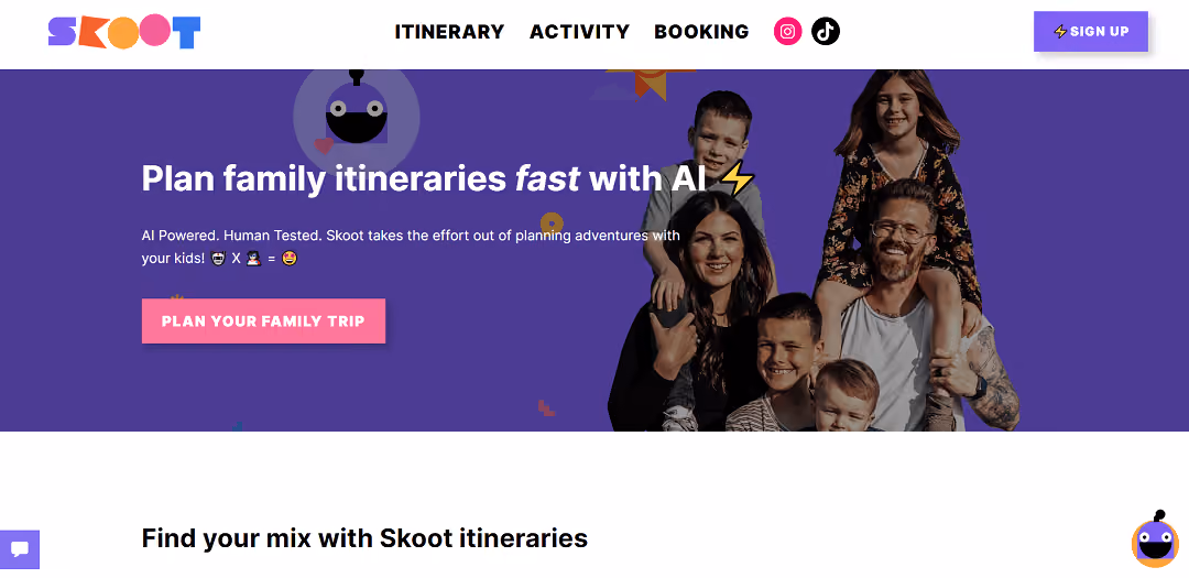 Skoot is an AI-powered tool that simplifies family-friendly travel planning. Using advanced algorithms, it creates personalized itineraries for 1, 3, or 7 days based on user location and preferences.