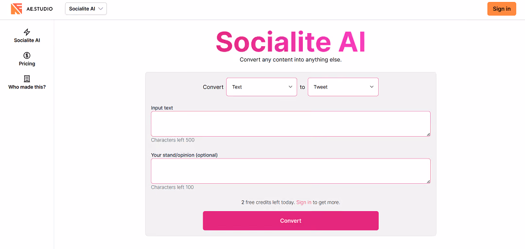 Socialite AI is an innovative AI tool that effortlessly converts content into different digital formats, including text, images, and videos. Its user-friendly interface and extensive format support make it ideal for small businesses and individuals.