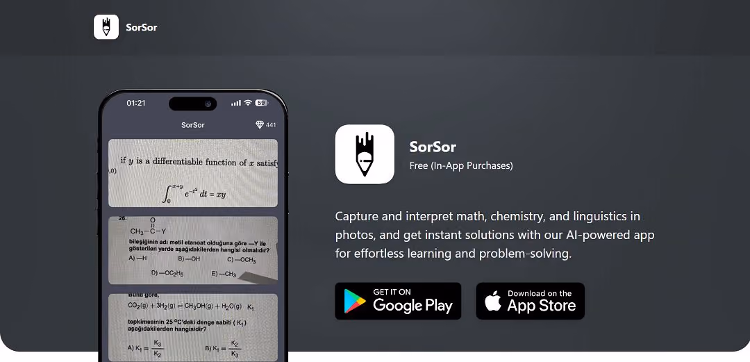 SorSor is a cutting-edge AI app designed to simplify learning and problem-solving in math, chemistry, and linguistics. By utilizing state-of-the-art AI technology, SorSor can instantly recognize and interpret equations and formulas through a phone's camera, saving users time and effort.