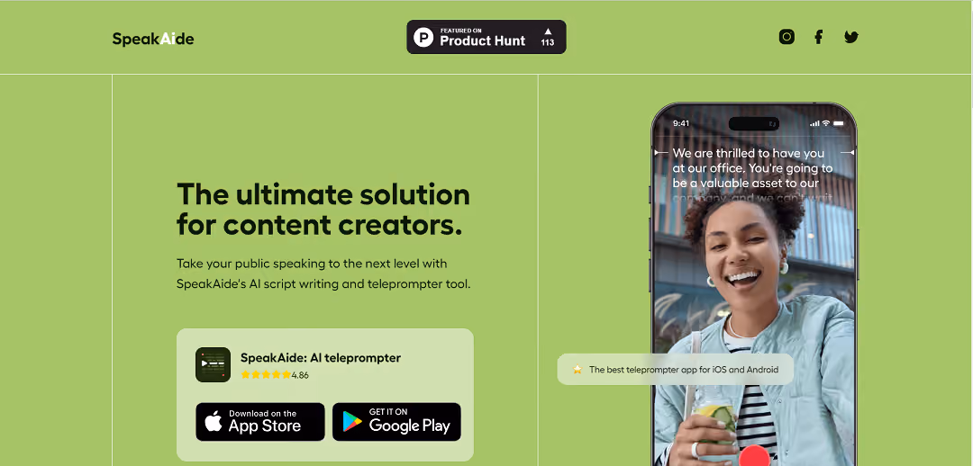 SpeakAide, an AI-powered teleprompter and content creation tool, aids content producers in delivering flawless speeches and videos effortlessly. With a single click, the app generates impeccable scripts using AI technology, enhancing public speaking skills.