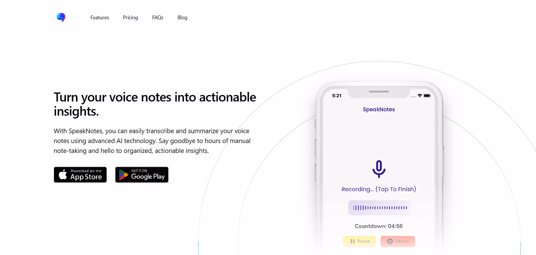 SpeakNotes is an innovative AI tool that effortlessly transcribes and summarizes voice notes using cutting-edge technology like OpenAI's Whisper and GPT-4 models.