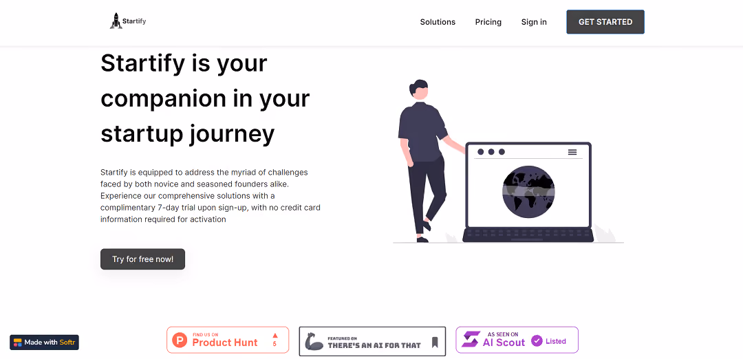 Startify is an AI tool designed to assist startup founders by offering comprehensive solutions for both beginners and experienced entrepreneurs.