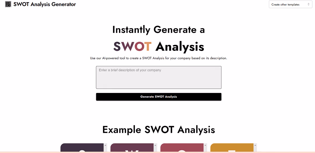 The AI SWOT Analysis Generator is an AI-powered online tool designed to create comprehensive SWOT analyses for businesses based on their descriptions. SWOT stands for Strengths, Weaknesses, Opportunities, and Threats, representing the internal and external factors impacting a project's success.