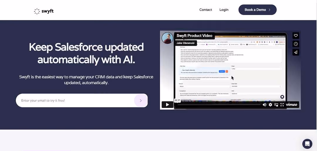 Swyft AI is an AI-powered tool designed explicitly for Sales teams, streamlining the CRM field update process. It harnesses Artificial Intelligence to automatically capture notes during sales calls, distill critical information, generate task lists, and seamlessly sync these updates with Salesforce.
