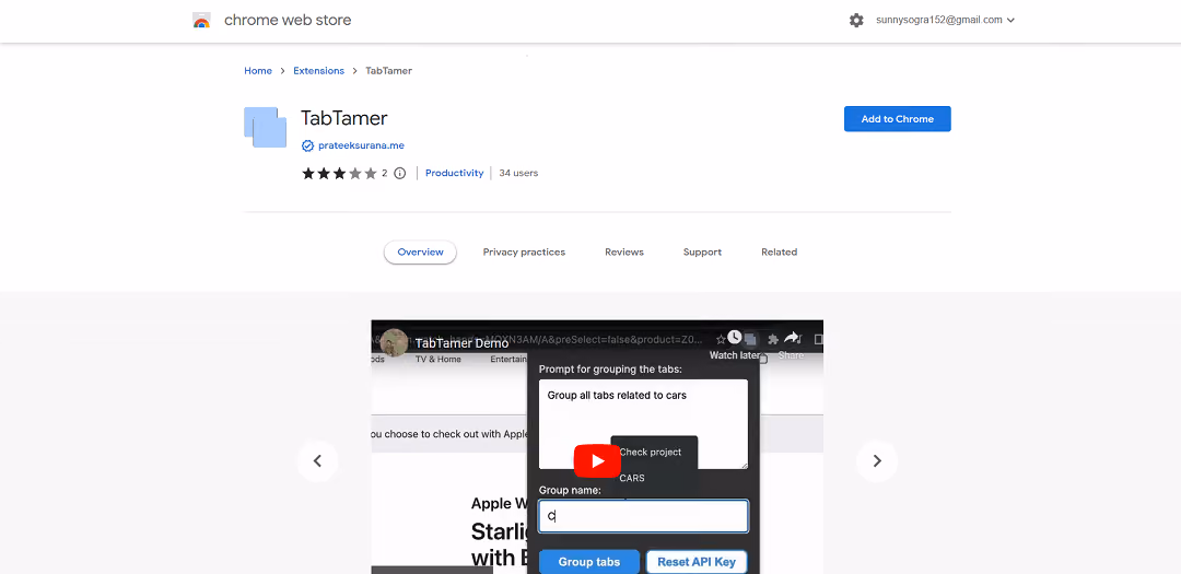 TabTamer is an AI-based Chrome extension that cleverly organizes tabs through prompts. Using OpenAI's GPT-3 tech, it simplifies tab grouping by offering a user-friendly method.
